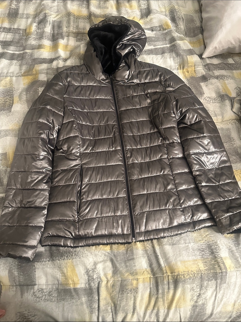 Andrew Marc Metallic Quilted Jacket with Black Faux Fur Lining